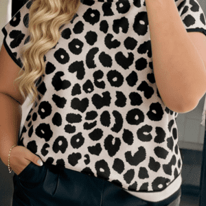 Black Plus Size Leopard Print High Neck Short Sleeve Sweater