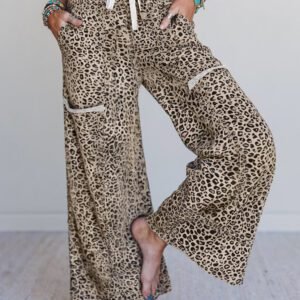 Khaki Animal Print Wide Leg Terry Knit Pants