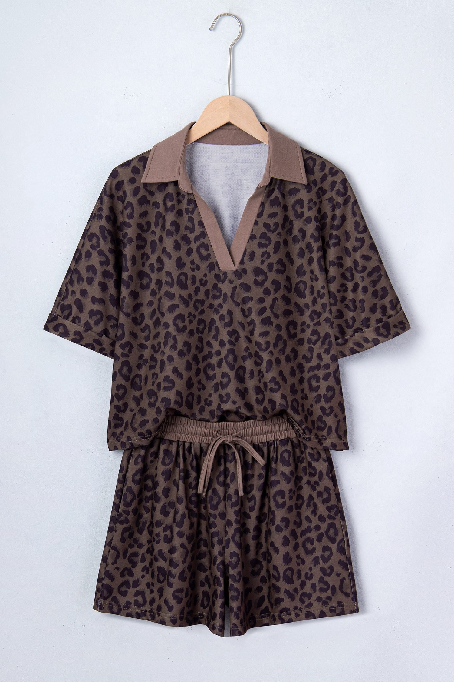 Brown V Neck Collar Leopard Printed 2pcs Short Set