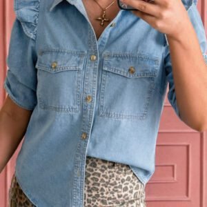 Myosotis Ruffle Detail Short Puff Sleeve Button Down Flap Pocket Denim Shirt