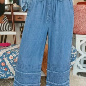 Dusk Blue Ruffled Hem Wide Leg Chambray Pants
