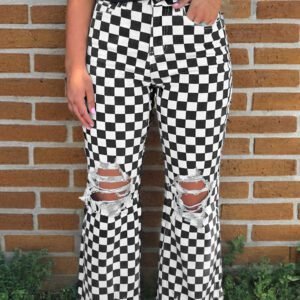 Black Checkerboard Print Distressed Holes Raw Edge Cropped Jeans