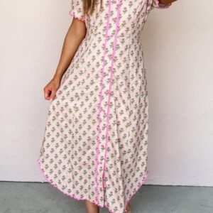 Pink Floral Print V Neck Scallop Trim Button Front Short Sleeve Long Dress