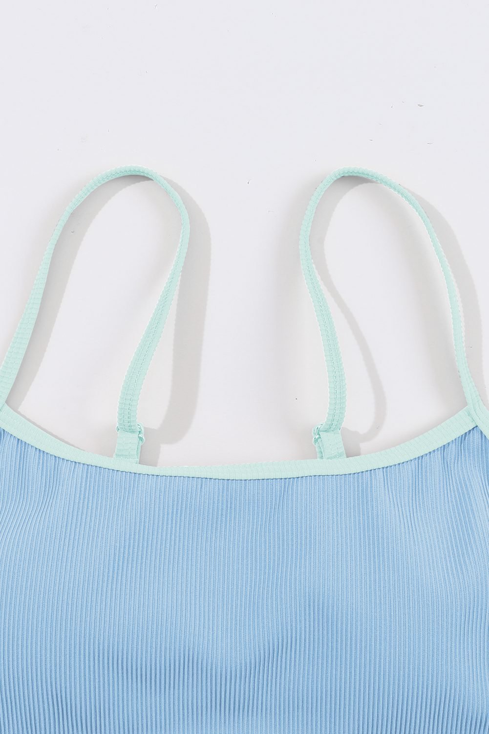 Beau Blue Stylish Ribbed Contrast Trim Spaghetti Straps 2pcs Bikini Swimsuit