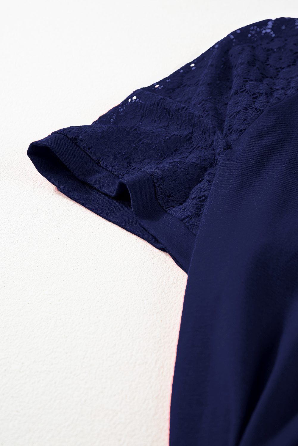 Navy Blue Plus Size Solid Color Lace Short Sleeve Pleated Swing Dress