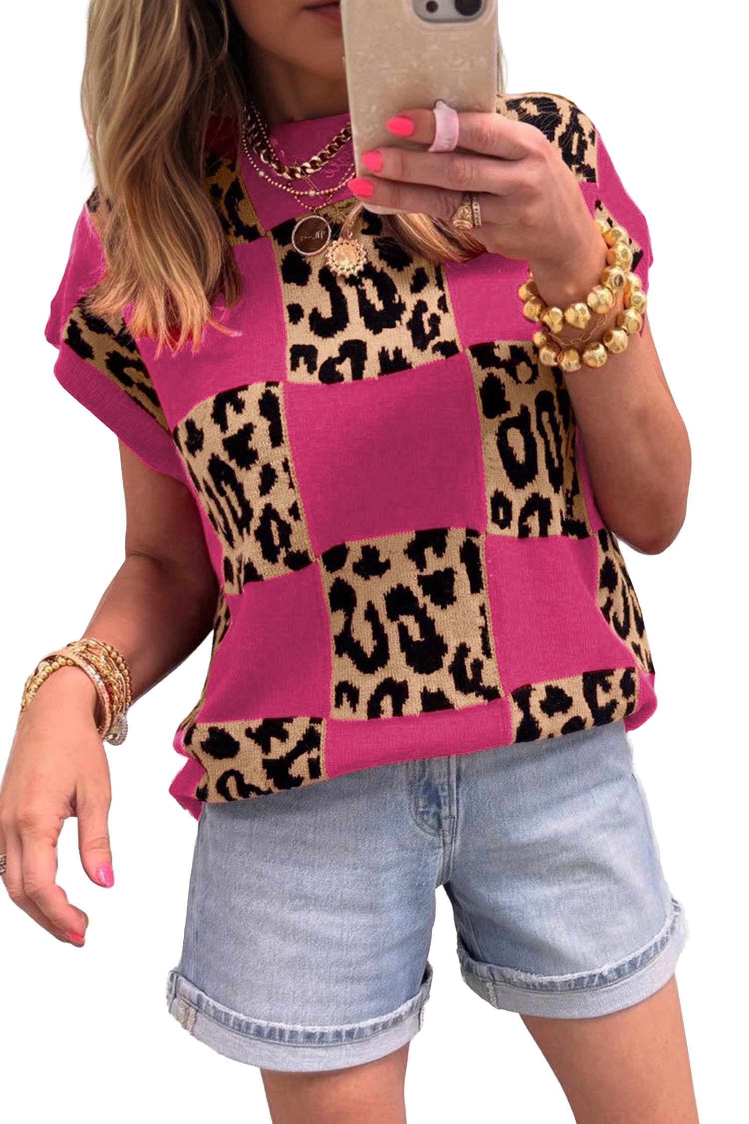 Rose Red Leopard Checkerboard Short Sleeve Knit Sweater
