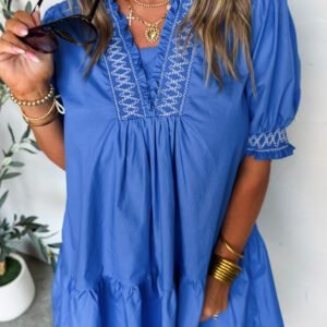 Sky Blue Embroidered Smocked Detail V Neck Short Puff Sleeve Mini Dress