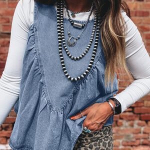 Myosotis Denim Pleated Patchwork Sleeveless Top