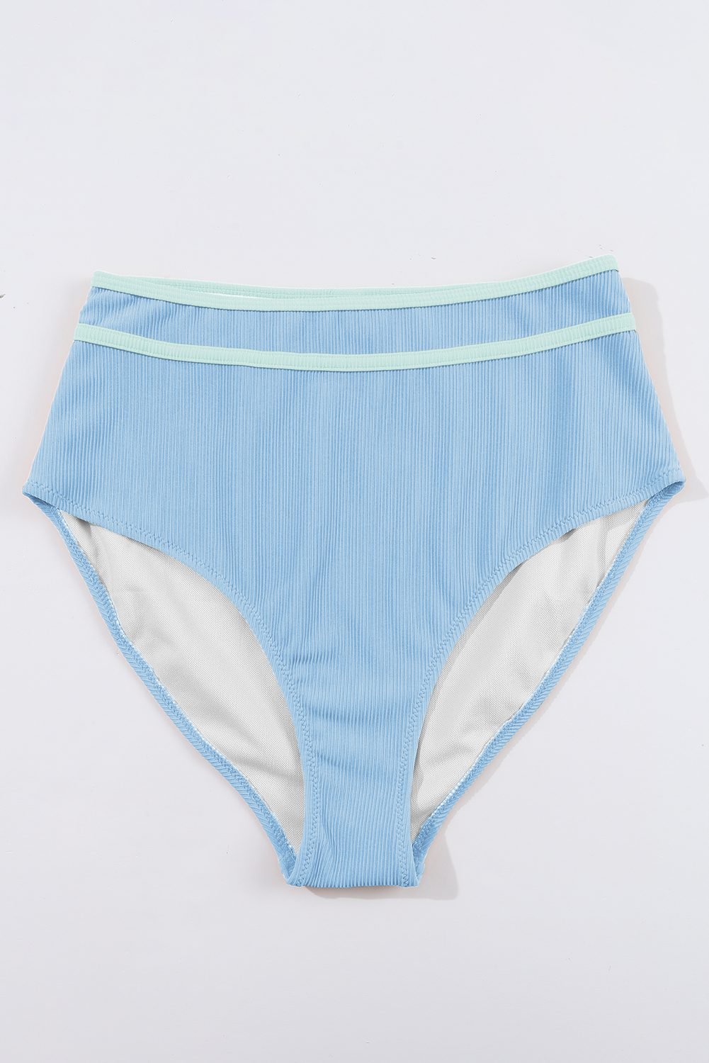 Beau Blue Stylish Ribbed Contrast Trim Spaghetti Straps 2pcs Bikini Swimsuit