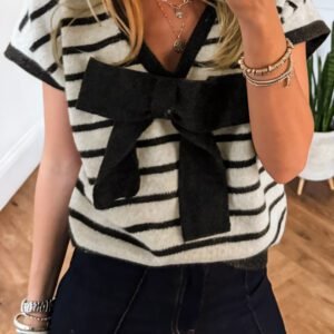 Black Stripe Bow Applique Short Sleeve Sweater