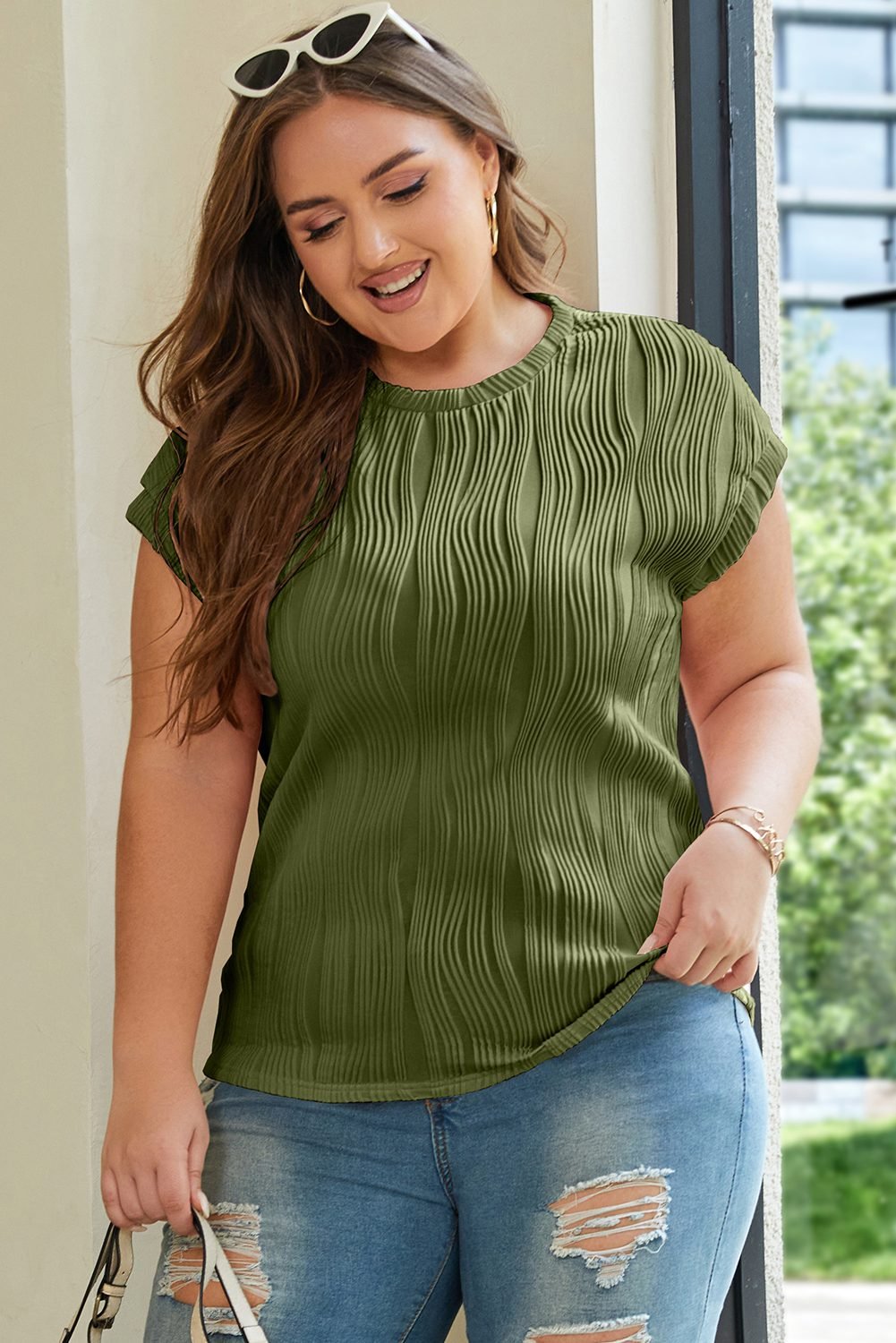 Jungle Green Solid Color Wavy Textured Plus Size Tee
