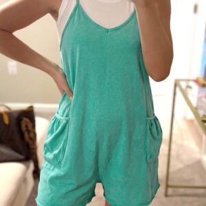 Mint Green Mineral Wash Spaghetti Straps Pocketed Romper