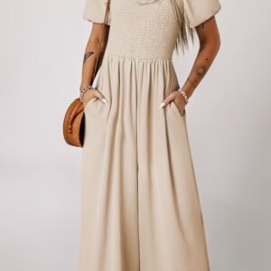 Apricot Short Bubble Sleeve Smocked Wide Leg Jumpsuit