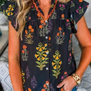 Black Floral Print Lace Trim Frilled V Neck Short Sleeve Shirt