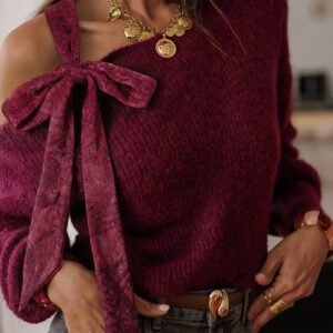Burgundy Lace Bowknot Asymmetric Neck Sweater