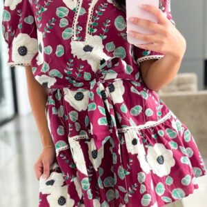 Red Floral Print Trimmed Short Puff Sleeve Mini Dress with Belt