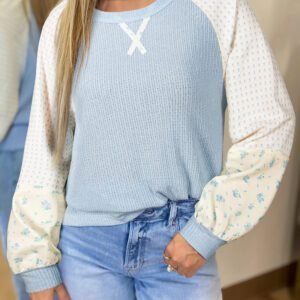 Beau Blue Textured Knit Color Block Floral Patchwork Long Sleeve Top