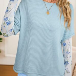 Beau Blue Floral Lace Sleeve Patchwork Waffle Fake Two-piece Top