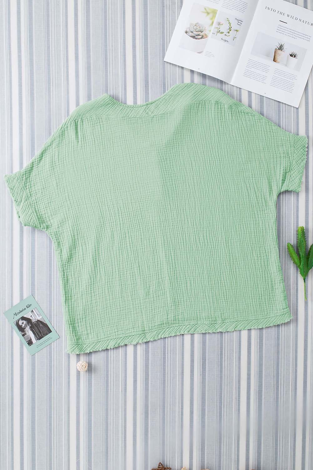 Green Frayed Batwing Sleeve Textured Cotton Blouse