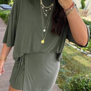 Laurel Green Solid Color Oversize Tee Tie Wrap Mini Skort 2pcs Set
