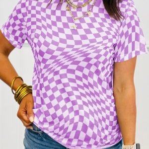Purple Checkered Print Mock Neck Mesh T Shirt