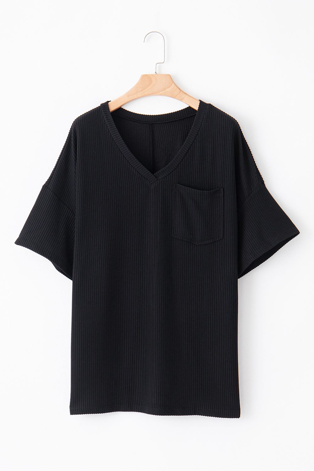 Black Textured V-Neck Dropped Shoulder Plus T-Shirt