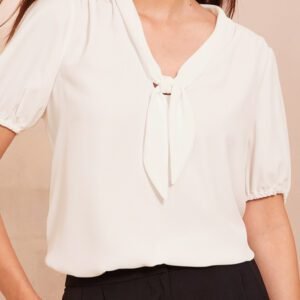 White Bow Tie V Neck Puff Sleeve Blouse