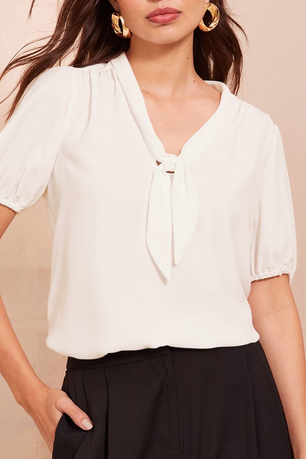 White Bow Tie V Neck Puff Sleeve Blouse