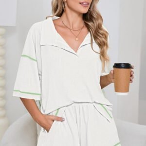 White Breathable Waffle Color Block Trim 2pcs Casual Short Set