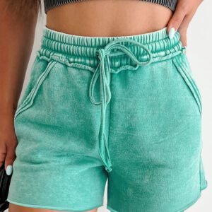 Sea Green Mineral Washed Drawstring Elastic Waist Raw Cut Shorts