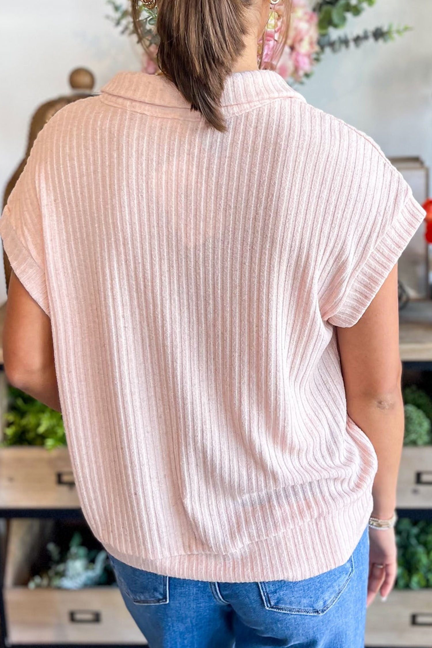 Light Pink Collared V Neck Ribbed Tee