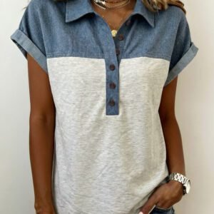 Light Grey Color Block Denim Patchwork Button Polo Collar Short Sleeve Top