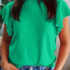 Bright Green Solid Color Ribbed Trim Round Neck Ruffle Short Sleeve Sweater