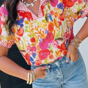 Rose Striped Trim Collared V Neck Short Sleeve Floral Print Blouse