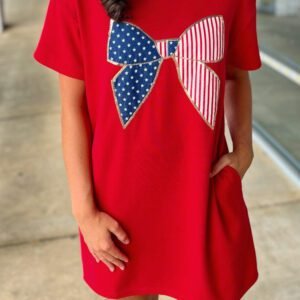 Fiery Red Sequin Trim Stars and Stripes Bow Patched T Shirt Mini Dress