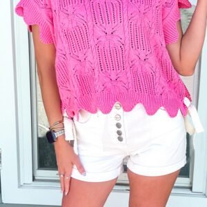 Bonbon Pointelle Knit Patterned Scalloped Trim Short Sleeve Sweater