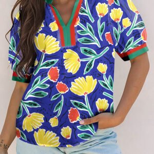 Blue Wild Floral Printed Contrast Striped Patchwork V Neck Short Sleeve Blouse