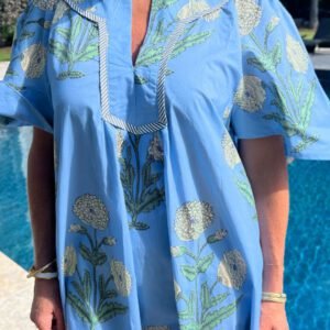 Sky Blue Plus Periwinkle Floral Printed Short Sleeve Striped Trim Split Neck Mini Dress