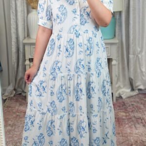 Sky Blue Plus Size Geometric Floral Print Button Split Neck Short Sleeve Maxi Dress