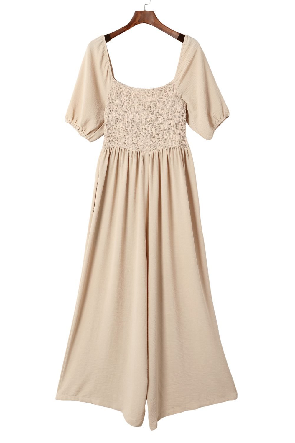 Apricot Short Bubble Sleeve Smocked Wide Leg Jumpsuit