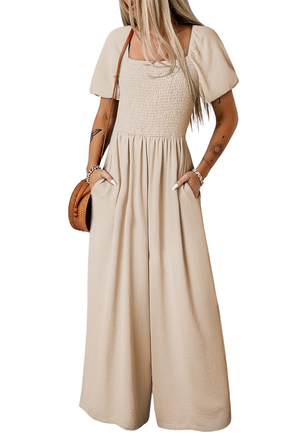 Apricot Short Bubble Sleeve Smocked Wide Leg Jumpsuit