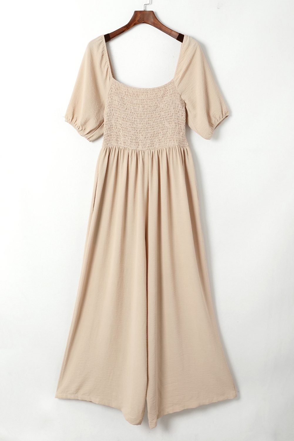 Apricot Short Bubble Sleeve Smocked Wide Leg Jumpsuit