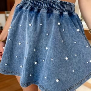 Ashleigh Blue Denim Pearl Embellished Elastic Waist Mini Skort
