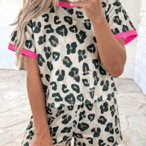 Brown Unique Leopard Print Contrast Trim Top Loose 2pcs Short Set