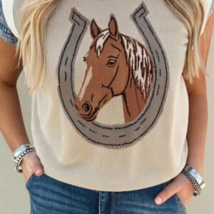 Parchment Horse Shoe Print Color Block Trim Round Neck Sleeveless Sweater