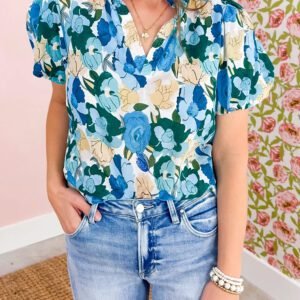 Sky Blue Floral Print Short Puff Sleeve V Neck Blouse
