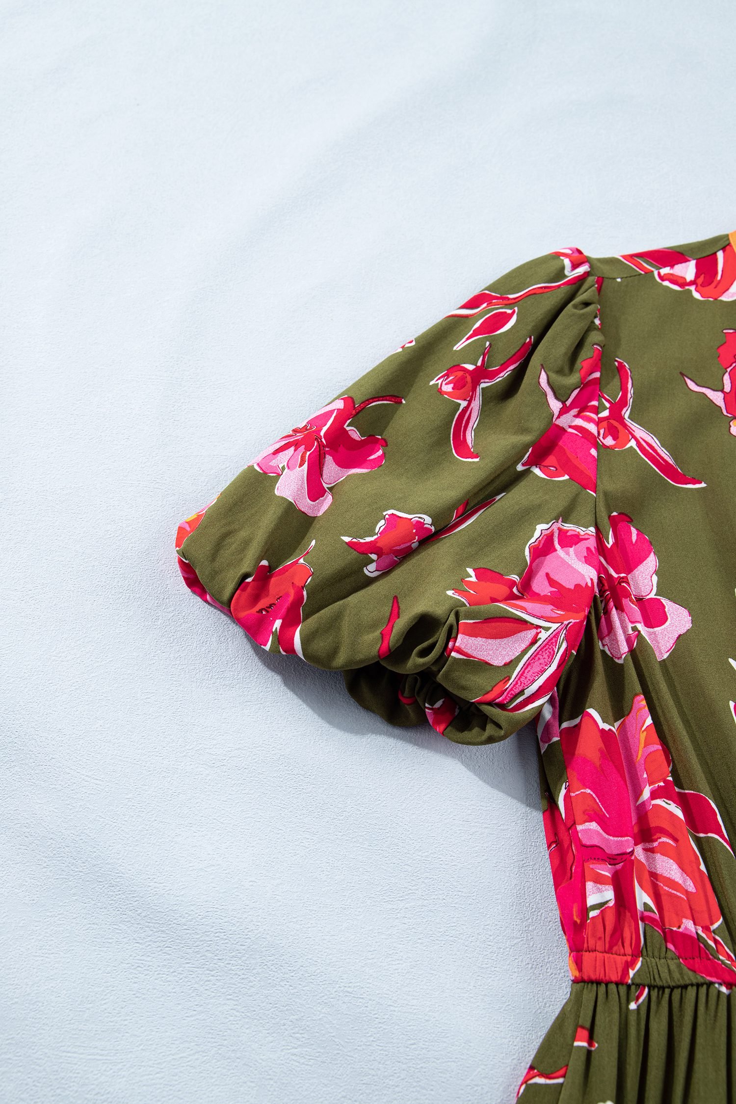 Green Floral Print Striped Trim Split Neck Short Puff Sleeve Ruffle Hem Maxi Dress