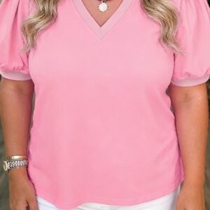 Bonbon V Neck Pleated Short Puff Sleeve Plus Size Blouse