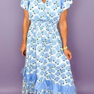 Sky Blue Hydrangea Floral Print Ruffle Trim Flutter Sleeve Long Dress