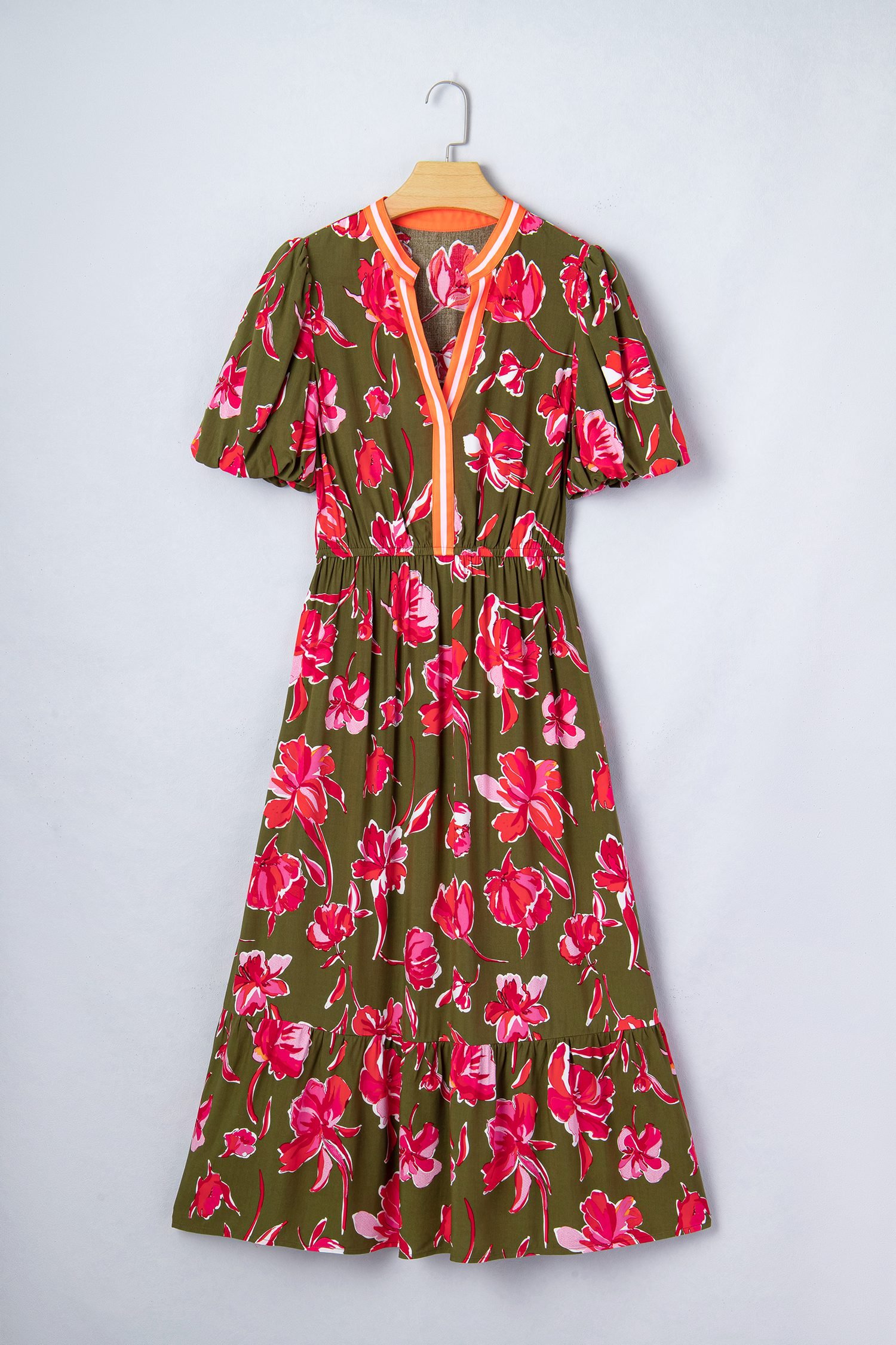 Green Floral Print Striped Trim Split Neck Short Puff Sleeve Ruffle Hem Maxi Dress